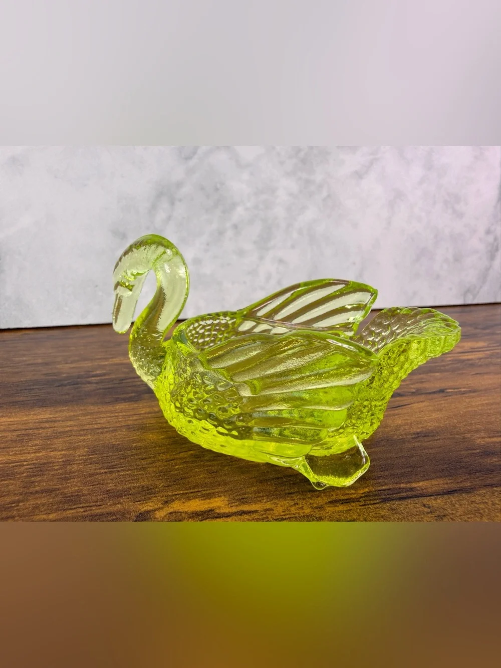 Mosser Glass Uranium Vaseline Swan Open Salt Cellar Dish UV Glow Vintage